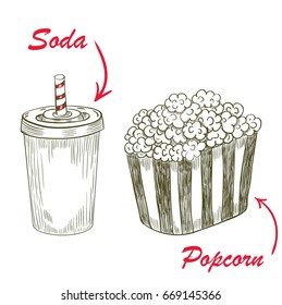 Soda drink with popcorn bucket on white background