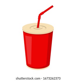 Soda Drink In A Red Plastic Cup Vector Isolated. Delicious Beverage In Container. Carbonated Water Advertisement Symbol.