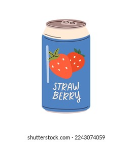 Bebida de refresco, limonada de fresa en lata. Bebida aromatizada con arándano y frio en lata de aluminio. Refrescamiento en tarro de metal. Ilustración vectorial plana aislada en fondo blanco