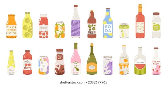 Soda drinks bottles and cans set. Refreshment drink, beverages in bottle. Energy and alcoholic, beer and lemonade. Snugly vector collection