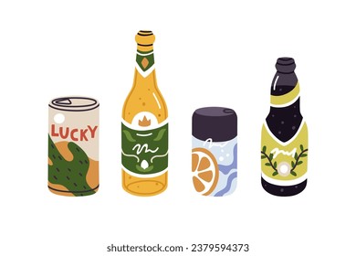 Bebidas de refresco en botellas de vidrio y latas de aluminio, envases de metal. Lemonadas fibrosas carbonatadas, bebidas frías dulces, refrescos de frutas de verano. Ilustraciones vectoriales planas aisladas en fondo blanco