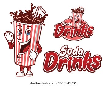 Soda Drinks logo template, with funny paper cup character