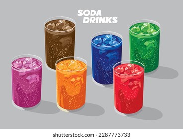 soda drinks with six type of color and taste. Cola, soda blue, lime green, purple, strawberry red and orange