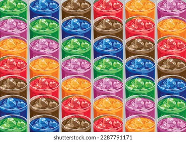 soda drinks with six type of color and taste. Cola, soda blue, lime green, purple, strawberry red and orange