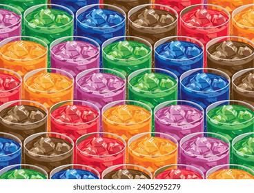 soda drinks with six type of color and taste. Cola, soda blue, lime green, purple, strawberry red and orange