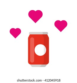 Soda flat icon with hearts vector illustration on white background. 