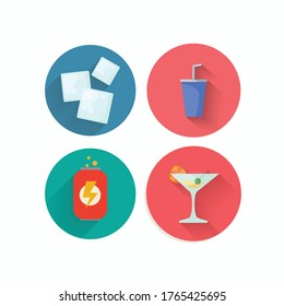 conjunto de iconos planos de soda con sombra larga. bebida energética, cóctel, cubos de hielo