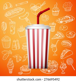 Soda Fountain Drink And Hand Draw Fast Food Icon, Excellent Vector Illustration, EPS 10