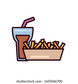 soda glass and french fries box line and fill style icon design, fast food eat restaurant menu dinner lunch cooking and meal theme Vector illustration