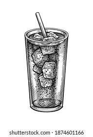 Soda glass with ice and drinking straw. Ink sketch of cola isolated on white background. Hand drawn vector illustration. Retro style.