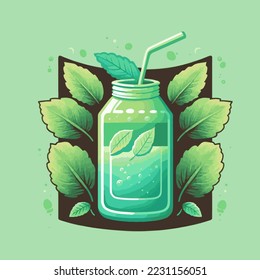 Soda Green Mint Leaf Fresh Water Juice Smoothie Drink Vector Hand Drawn Illustration