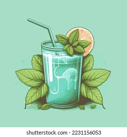 Soda Green Mint Leaf Fresh Water Juice Smoothie Drink Vector Hand Drawn Illustration