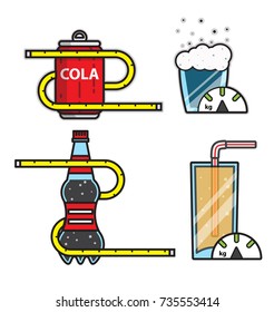 soda and healthy body,effervescent drinks and diet, weight control, vector image, set of icons,outline style