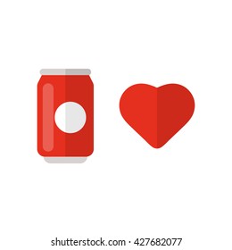 Soda with heart icon flat vector illustration on white background.