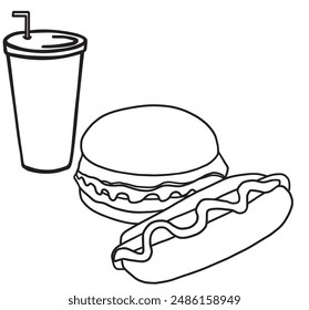 Soda, hotdog and hamburger, simple coloring page, vector illustration.