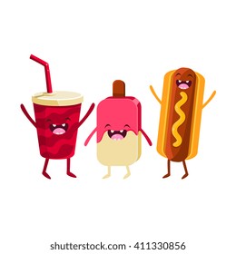 Soda, Ice-cream And Hot Dog Cartoon Friends Colorful Funny Flat Vector Isolated Illustration On White Background