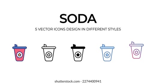 soda Icon Design in Five style with Editable Stroke. Line, Solid, Flat Line, Duo Tone Color, and Color Gradient Line. Suitable for Web Page, Mobile App, UI, UX and GUI design.