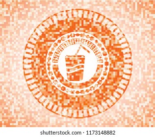 soda icon inside abstract emblem, orange mosaic background