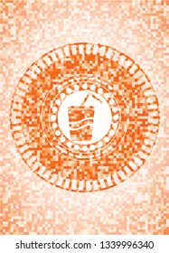 soda icon inside abstract emblem, orange mosaic background