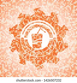 soda icon inside abstract emblem, orange mosaic background