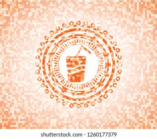soda icon inside abstract orange mosaic emblem