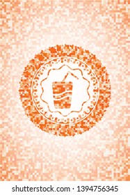 soda icon inside abstract orange mosaic emblem