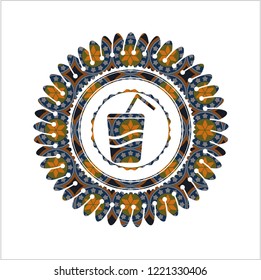 soda icon inside arabesque emblem background. arabic decoration.
