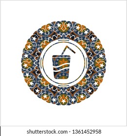 soda icon inside arabic badge. Arabesque decoration.