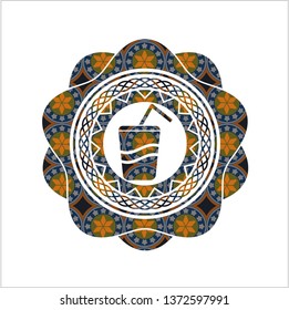 soda icon inside arabic badge background. Arabesque decoration.