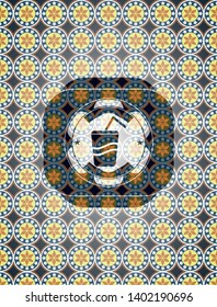 soda icon inside arabic badge. Arabesque decoration.