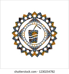 soda icon inside arabic style emblem. Arabesque decoration.