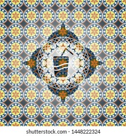 soda icon inside arabic style badge. Arabesque decoration.