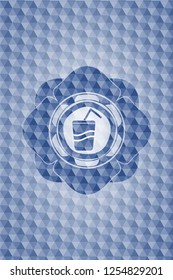 soda icon inside blue badge with geometric background.