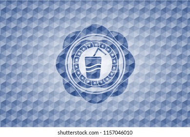 soda icon inside blue emblem or badge with geometric pattern background.