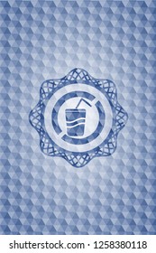 soda icon inside blue emblem or badge with abstract geometric pattern background.