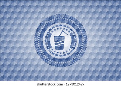 soda icon inside blue emblem or badge with geometric pattern background.
