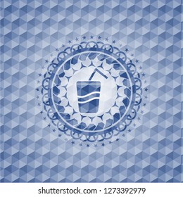 soda icon inside blue emblem with geometric background.