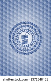 soda icon inside blue emblem or badge with abstract geometric polygonal pattern background.