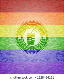 soda icon inside emblem on mosaic background with the colors of the LGBT flag