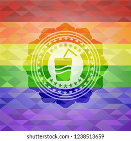 soda icon inside emblem on mosaic background with the colors of the LGBT flag
