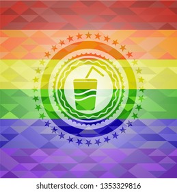 soda icon inside emblem on mosaic background with the colors of the LGBT flag
