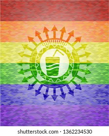 soda icon inside emblem on mosaic background with the colors of the LGBT flag
