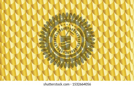 soda icon inside gold badge or emblem. Scales pattern. Vector Illustration. Detailed.