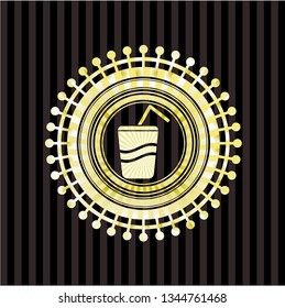 soda icon inside golden emblem or badge