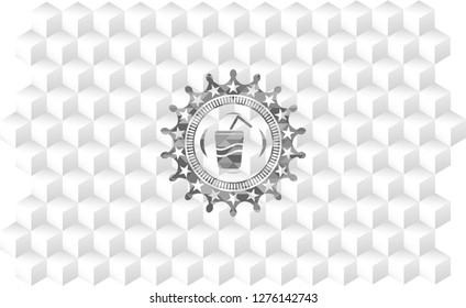 soda icon inside grey badge with geometric cube white background