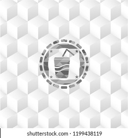 soda icon inside grey emblem with geometric cube white background