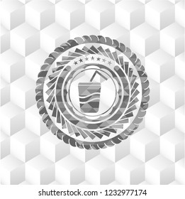 soda icon inside grey emblem with geometric cube white background