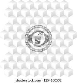 soda icon inside grey emblem with geometric cube white background