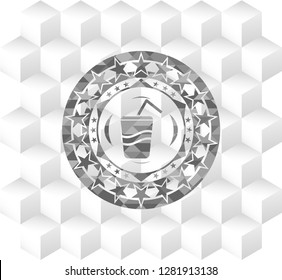 soda icon inside grey emblem. Retro with geometric cube white background