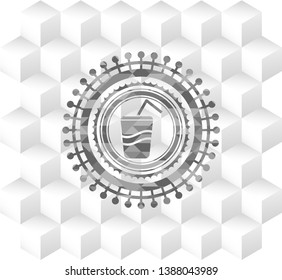soda icon inside grey emblem with geometric cube white background